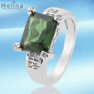   Green Emerald White Gold Plated 18KSlim Ring Solitaire Concisse 7/O