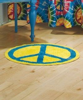 Round Retro Hippy PEACE Sign Bath Mat Rug Blue and Yellow NEW