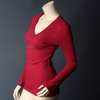 Women Burgundy Red Plain Basic Long Sleeve V Neck Tee T Shirt Top 