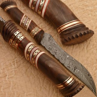 Custom Damascus Bowie Knife Hand Carved Burl Wood B 2290