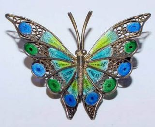 Antique Enamel Filigree Butterfly Pin Brooch Silver Big