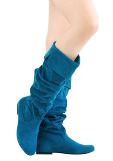 Brand New Fashion Blue Till Suede Knee High Slip On Flat Women Boots 