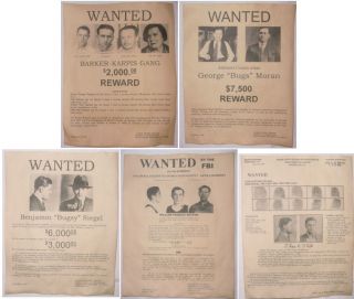   Gangster Wanted Posters Pretty Boy Floyd Bugsy Siegel Bugs Moran more