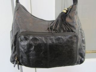Cabin Creek Black Floral Embossed Soft Leather Hobo Shoulder Handbag 