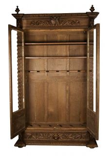 Antique French Carved Oak Converted Bookcase Locking Gun Cabinet 