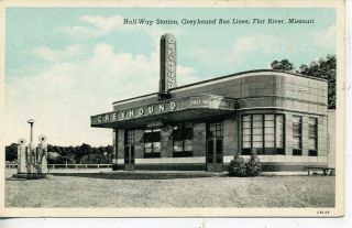Flat River Missouri Greyhound Bus Depot Gas Station Vintage Postcard 