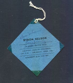 1940s Byron Nelson Vintage Signed Country Club of Columbus Badge Pass 