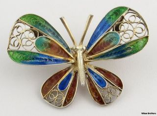   Enameled Butterfly Brooch   Filigree .800 Silver Vintage Estate Pin