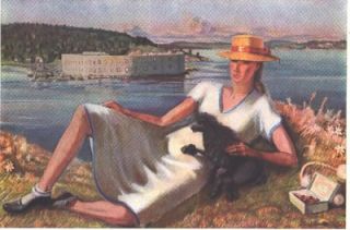 1939 C Illustration Painting Stephen Etnier Wife Poodle Maine Fort 