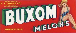 Vintage Original 1940s Buxom Melons Pin Up Farm Girl Sexy Crate Label 