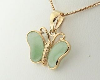 Estate Butterfly Jade Solid 14k Yellow Gold Pendant