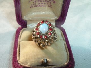 Vintage Estate Faux Opal and Ruby 18kt G E Ring Size 4 50 in Ring Box 