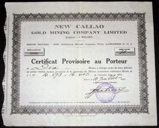 1924 New Callao Gold Mining Company, Limited Stock Certificate