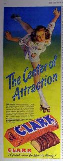 1947 Clark Candy Bar Beauty Roller Skating Print Ad