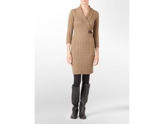 Calvin Klein Petite Cable Knit Shawl Collar Sweater Dress Womens 