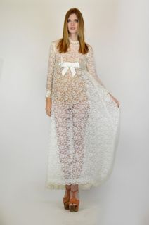 Vtg 70s Empire Waist Sheer Lace Ivory Draped Cape Wedding Maxi Dress 