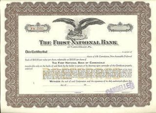 The First National Bank of Carbondale PA Stock Certificate SNT 623 
