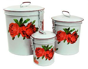 White Canister Set, Kitchen Storage Canisters, Red Roses Containers # 