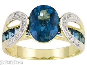   Princess Cut Blue Topaz and Diamond 10K Yellow Gold Ring JTV