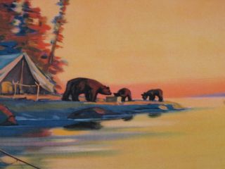   1943 Americana Cabin Art Family of Bears Explore Canoeing Scene