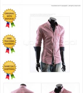 Youlookcool Mens Slim Fit Casual Double Collar Red White Striped Dress 
