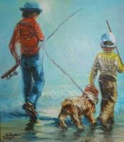 Vtg Oil Painting Fishing Juan Lopetegui Impressionist