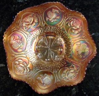   and Lotus Marigold Carnival Glass Ruffled Bowl Circa 1915