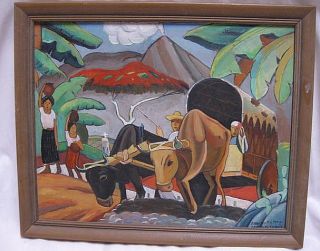 Sgnd Oil Painting Conestoga Ox Cart Wagon San Salvador