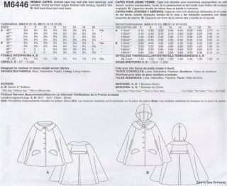 McCalls 6446 Sewing Pattern 12 20 Generation Next Unlined Cape 