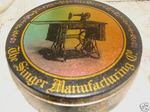 Retro round litho tin Singer Manufacturing Sewing Machine Bristol Ware 