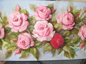 PINK ROSES OIL PAINTING ORIGINAL DEWALD Chic YARD LONG SHABBY FREE 