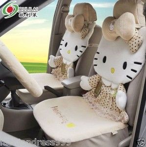   Beige Lace Car Plush Neck Rest Steering Whee Seat Covers Case