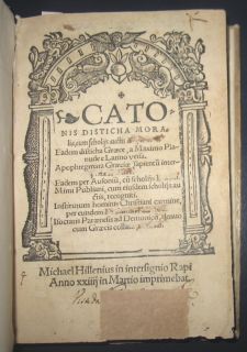 1524 Distichs of CATO, ERASMUS commentary, RARE post Incunabula