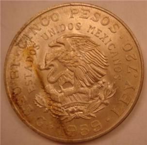 Mexico, 5 Pesos, 1959, Frosty BU, Carranza, .4178 Ounce Silver