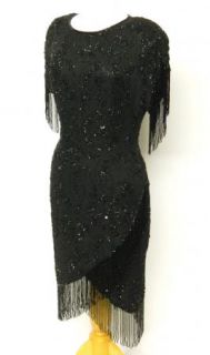 Vintage Oleg Cassini Size 12 Black Heavily Beaded Dress Fringe Silk 