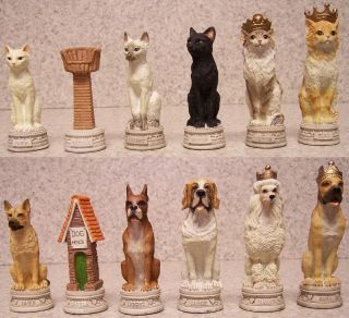 Chess Set Pieces Animal Cats vs Dogs Large 4 Kings New