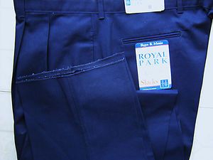 Mens Navy Blue Pants Size 46 x 36 Relaxed Fit Pleated Unhemmed Pants 