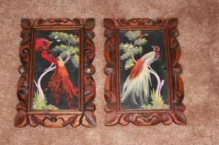 Vintage Mexican House of Oppenheim Feather Art Carved Frame Birds 