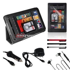     Kindle Fire Black Case Car Wall Charger Stylus Earphone Film