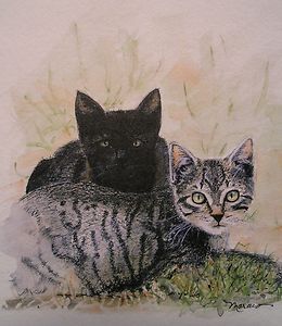 Note Card Cats Pets Animals Nature Picture Watercolor Tabby Signed 