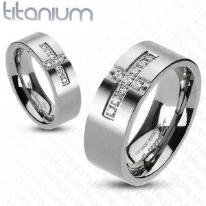Solid Titanium Clear Gem Center Cross Ring Band Size 5 6 7 8 9 10 11 