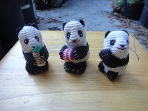 Three Handmade Crocheted Panda Bear Christmas Tree Ornaments Cute 