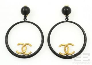 chanel black gold hammered logo hoop earrings 93p