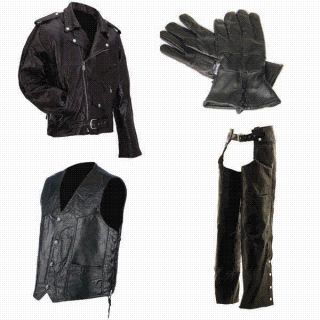 Combo Motorcycle Leather Jacket Vest Chaps Gloves New