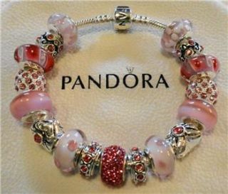 Authentic Pandora Silver Charm Bracelet with Murano Glass Silver Beads 
