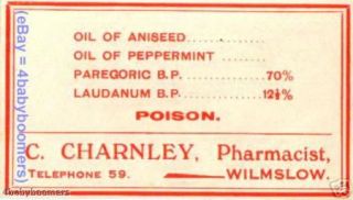   Narcotic Bottle Label Charney Pharmacy Wilmslow England
