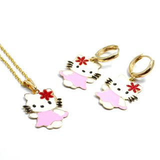   GF Flower Enamel Hello Kitty Girl Pendant Charm Chain Earrings