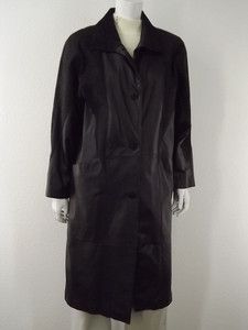 Womens leather trench coat black Charles Klein L button up vintage 80s