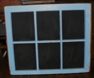 old 6 pane blue window wood frame w 6 chalkboards