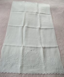Antique Linen Damask Towel w White Hand Embroidery